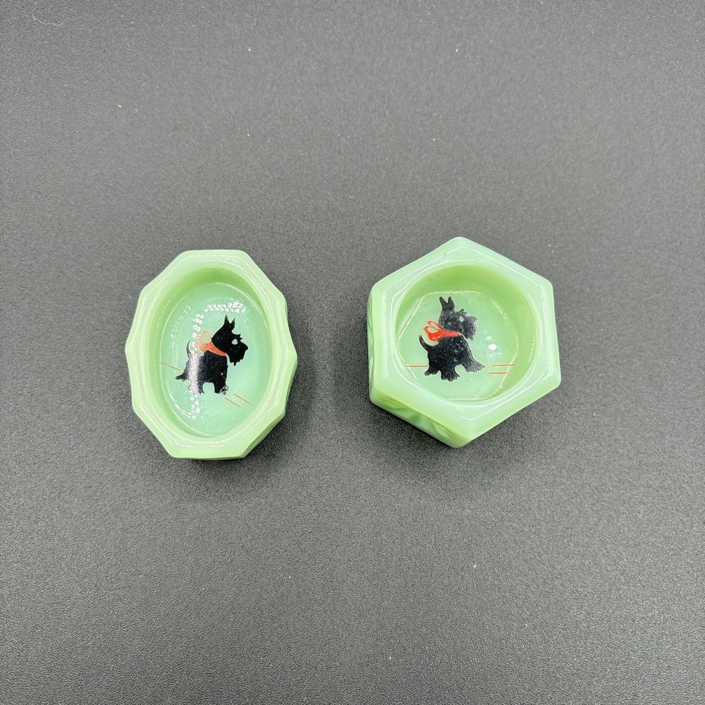 Jadeite Scottie Green Glass Hexagon Oval Star Pattern Salt Dip Cellar Set of 2